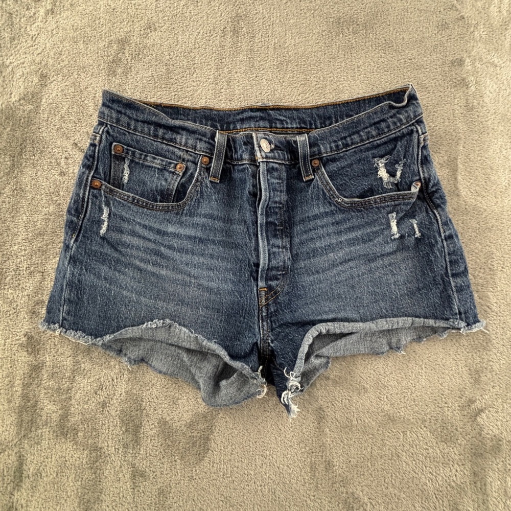 Levis 501 Original Cutoff Denim Shorts Womens 31 Dark Distressed Button Fly